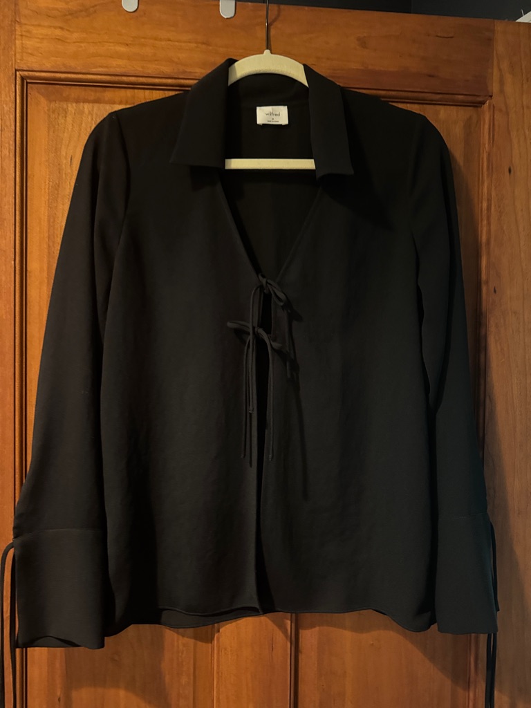 Aritzia Wilfred Black Tie-Front Collared Blouse Size M